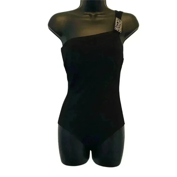 NWT GOTTEX Black One Shoulder Buckle Embellishment One Piece Bathing Suit - size - Picture 1 of 5
